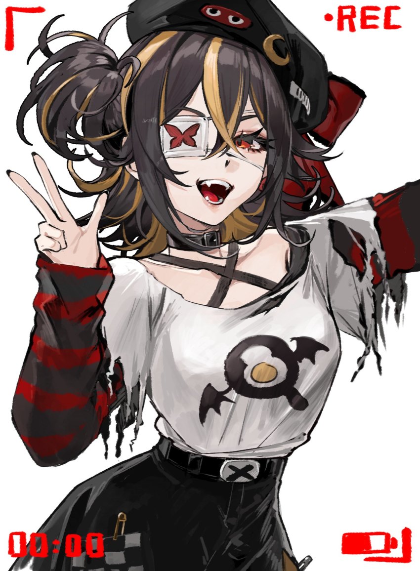 3di_project, beret, blonde_hair, brown_hair, celene_(3di), eyelashes, eyepatch, fangs, hair_between_eyes, hat, highres, long_sleeves, medical_eyepatch, medium_hair, messy_hair, multicolored_hair, nail_polish, one_side_up, open_mouth, red_eyes, shirt, torn_clothes, two-tone_hair, ultracat, virtual_youtuber, white_shirt