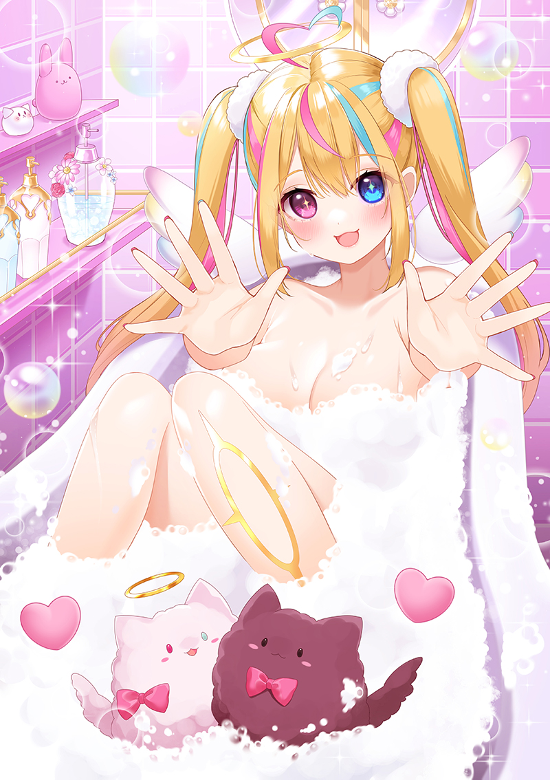 1girl, ahoge, bath, bathroom, blonde_hair, blush, breasts, bubble, chitetan, cleavage, collarbone, commentary_request, hair_between_eyes, halo, heterochromia, indie_virtual_youtuber, legs, long_hair, looking_at_viewer, mirror, nail_polish, solo, valentine, virtual_youtuber, wings, yumekana_lua