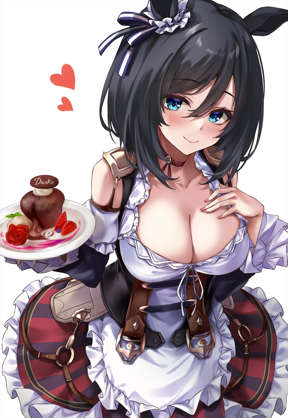 1girl, animal_ears, apron, bare_shoulders, black_hair, blue_eyes, blush, breasts