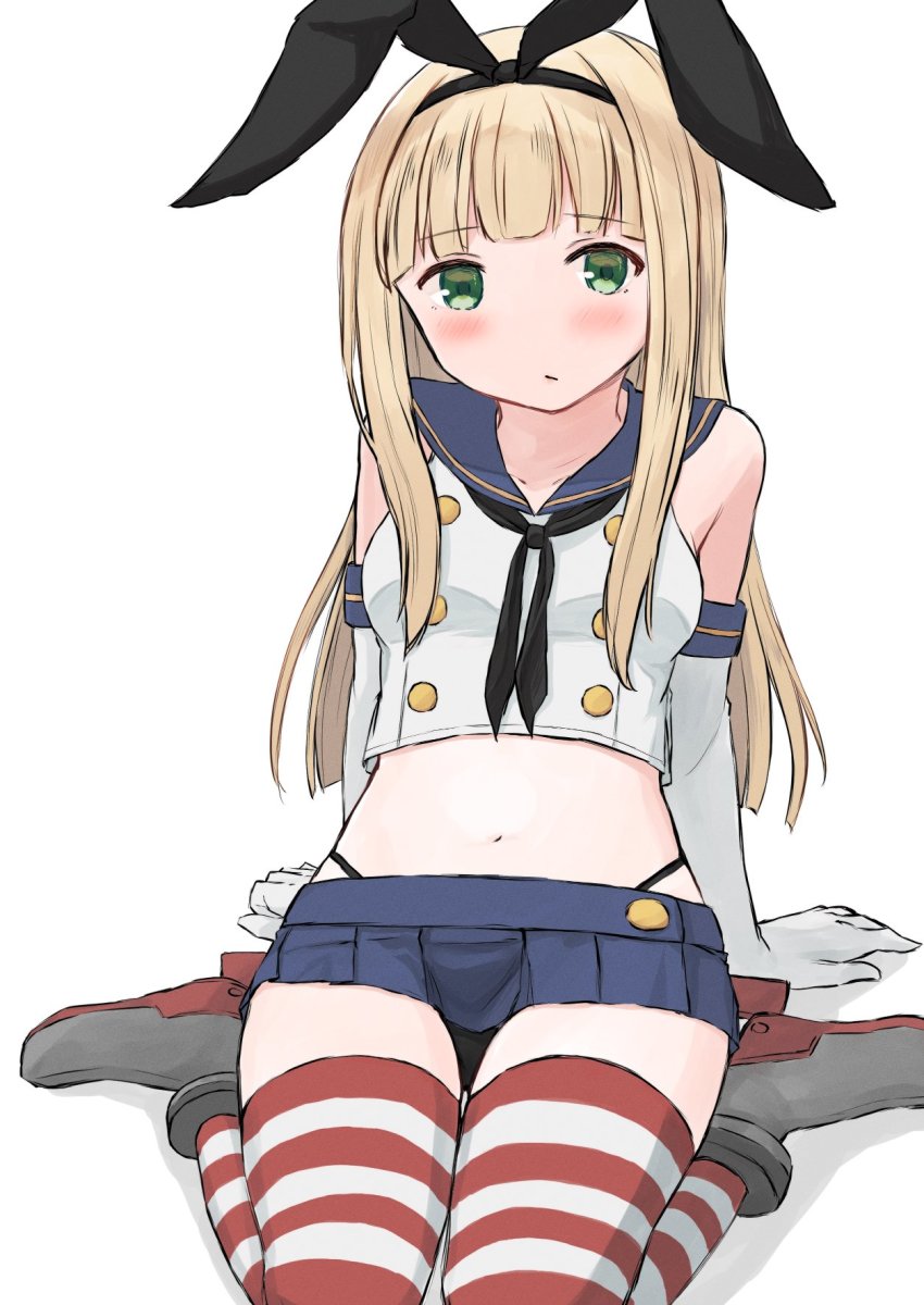 1girl, black_neckerchief, black_panties, blonde_hair, blue_sailor_collar, blue_skirt, blunt_bangs, blush