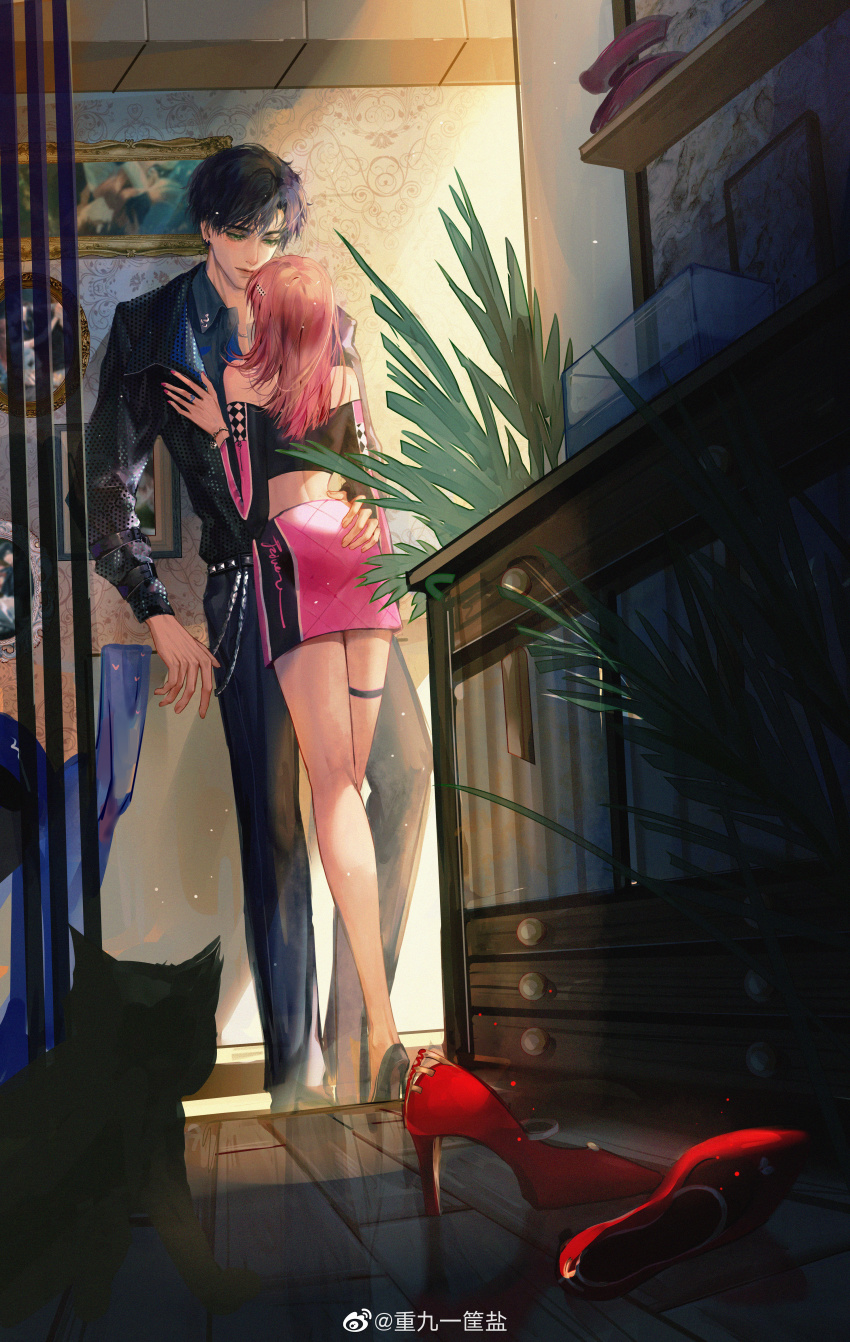 1boy, 1girl, absurdres, against_wall, bishounen, black_hair, cat, chongjiu_yi_kuang_yan