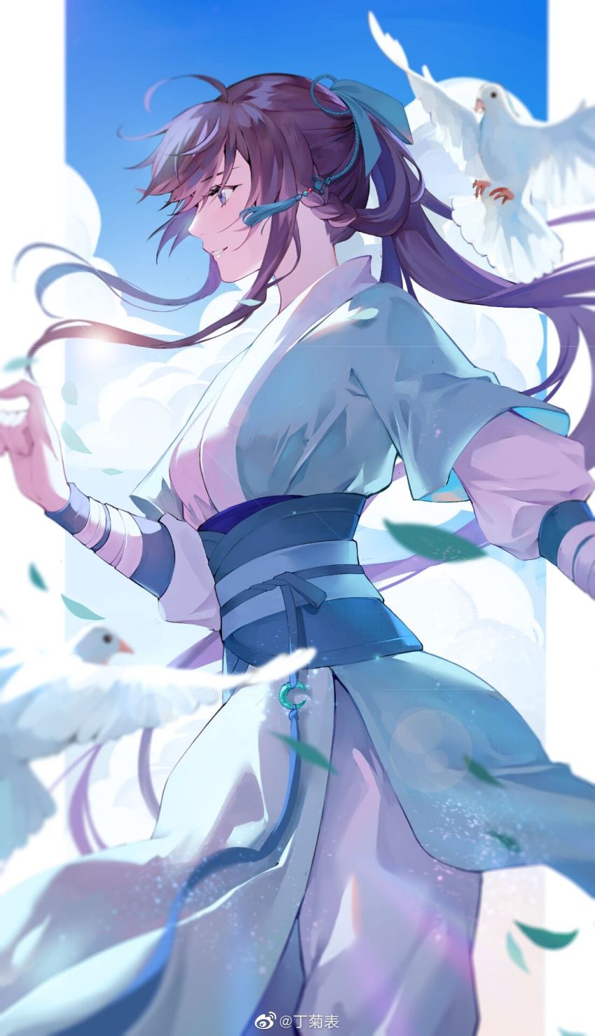 1girl, bird, blue_dress, blue_ribbon, blue_sky, chinese_clothes, cloud, ding_ju_biao