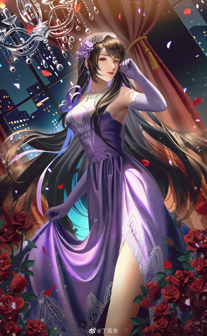 1girl, absurdres, brown_hair, chandelier, curtains, ding_ju_biao, dress, duanmu_rong_(qin_shi_ming_yue), earrings, floating_earrings, flower, gloves, head_tilt, highres, holding, holding_own_skirt, jewelry, long_hair, night, petals, purple_dress, qinshi_mingyue, rose, skirt, smile, watermark, weibo_watermark