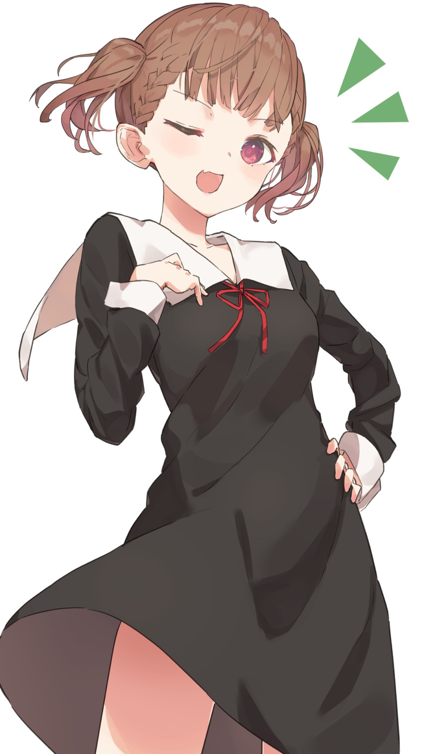 1girl, :d, black_dress, blunt_bangs, braid, breasts, brown_hair, collarbone