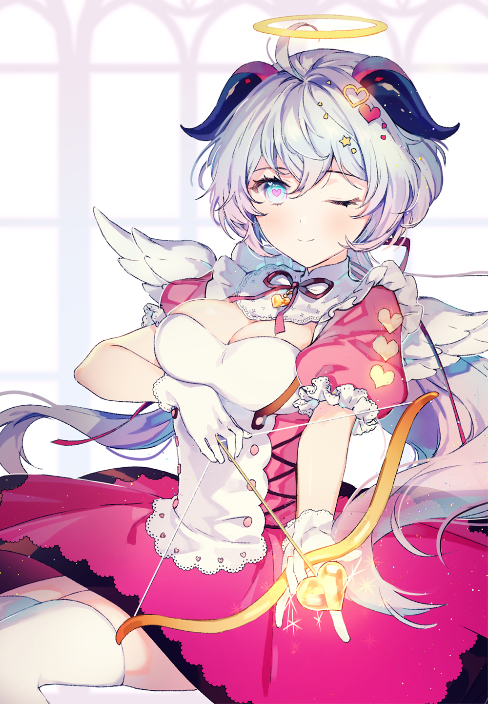 1girl, ahoge, angel, angel_wings, arrow_(projectile), blue_hair, blush, bow