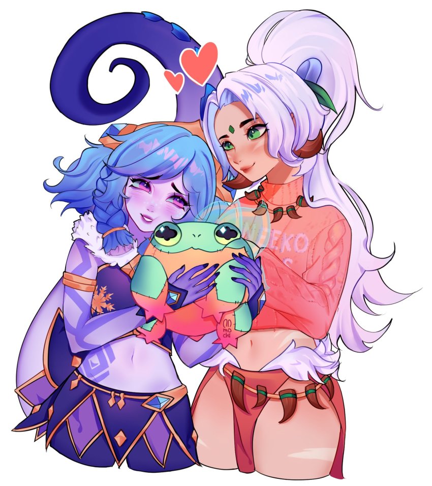 2girls, alternate_costume, bare_shoulders, blue_nails, blush, braid, cropped_legs, hugging_doll, fur_trim, green_eyes, heart, highres, league_of_legends, long_hair, looking_at_another, mochi_(mochibunnny), multiple_girls, nail_polish, navel, neeko_(league_of_legends), nidalee, hugging_object, pants, parted_bangs, pink_eyes, pink_sweater, simple_background, smile, snow_bunny_nidalee, stomach, stuffed_animal, stuffed_frog, stuffed_toy, sweater, tentacles, twin_braids, white_background, winter_wonder_neeko, yuri