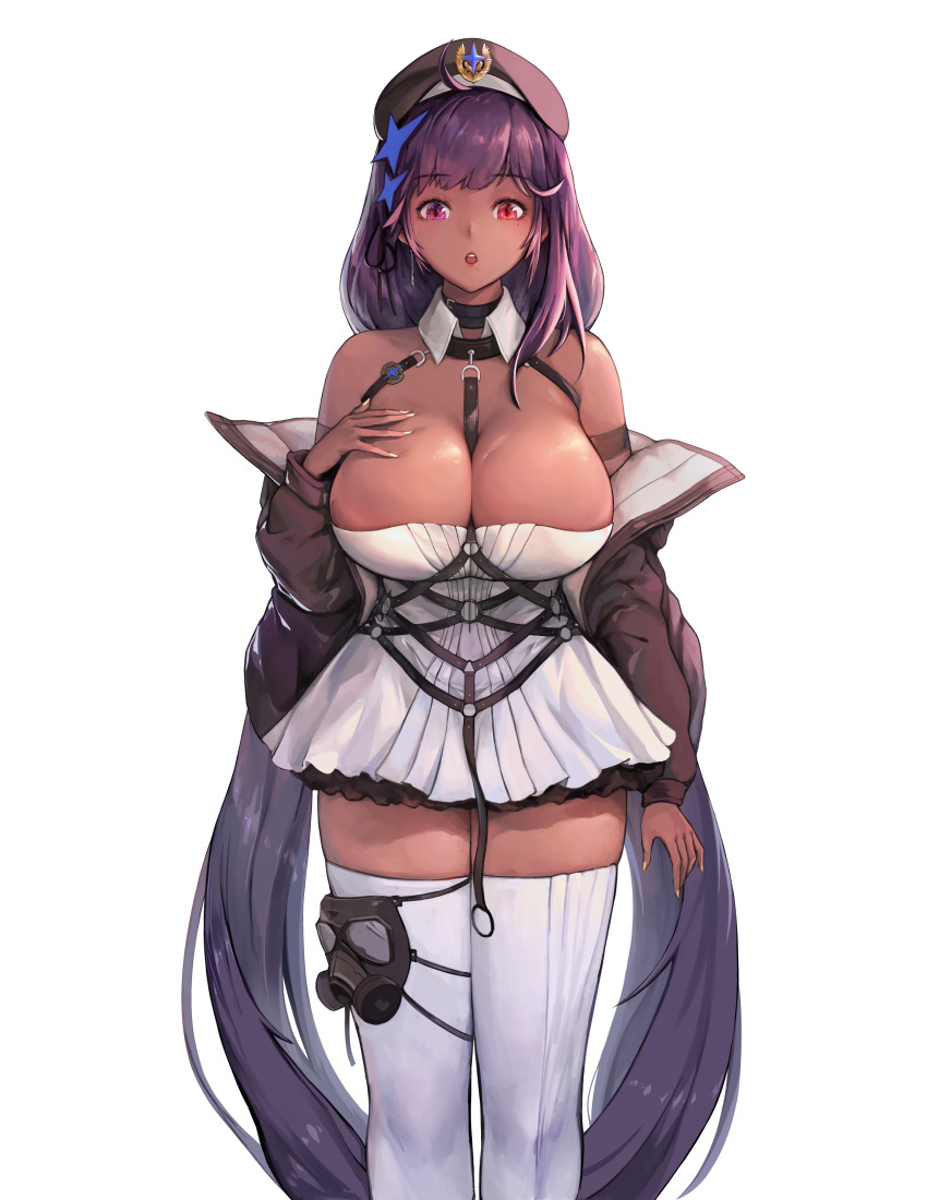 1girl, :o, absurdres, bak_bak, bare_shoulders, black_hair, breasts, cacia_(destiny_child), cacia_(destiny_child)_(cosplay), cacus_(destiny_child), chest_harness, commission, cosplay, cowboy_shot, dark-skinned_female, dark_skin, destiny_child, dress, gas_mask, hair_ornament, harness, hat, heterochromia, highres, jacket, large_breasts, long_hair, looking_at_viewer, low_twintails, mask, off_shoulder, peaked_cap, purple_eyes, red_eyes, short_sleeves, simple_background, solo, star_(symbol), star_hair_ornament, thighhighs, twintails, very_long_hair, white_dress, white_thighhighs