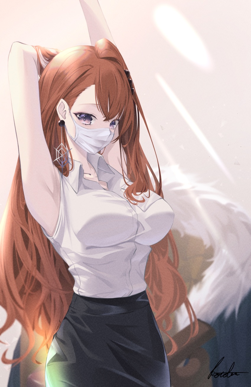 1girl, absurdres, alchemy_stars, armpits, arms_up, bare_arms, bare_shoulders, black_skirt