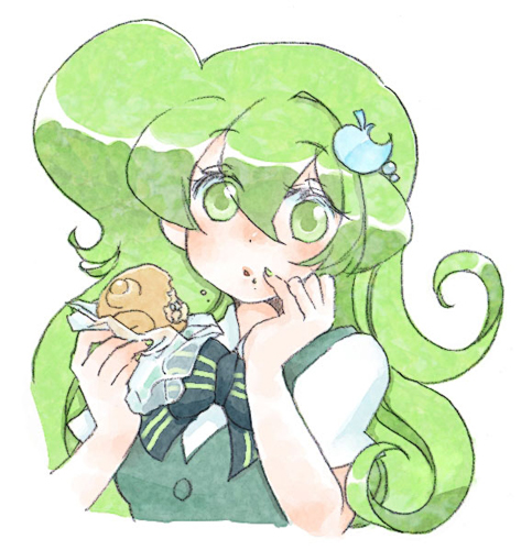 1girl, apple_inc., bread, eating, female_focus, food, food-themed_hair_ornament, green_eyes