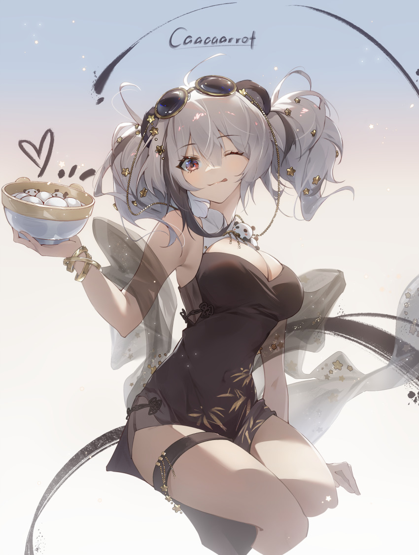 1girl, ;p, absurdres, ambience_synesthesia, animal_ears, arknights, bare_shoulders, bear_ears, black_dress, blush, bowl, bracelet, breasts, cleavage, cleavage_cutout, closed_mouth, clothing_cutout, commentary_request, covered_navel, cropped_legs, dress, eyewear_on_head, feater_(ambience_synesthesia)_(arknights), feater_(arknights), gradient_background, grey_background, heart, highres, holding, holding_bowl, invisible_chair, jewelry, large_breasts, long_hair, multicolored_hair, official_alternate_costume, one_eye_closed, panda, red_eyes, see-through_clothes, shawl, silver_hair, sitting, smile, solo, streaked_hair, sunglasses, tongue, tongue_out, toto_(caaaaarrot), twintails, two-tone_hair, white_background