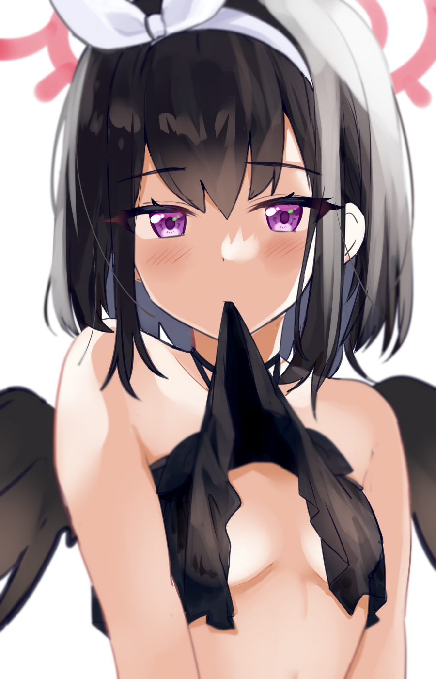 1girl, bikini, bikini_in_mouth, black_bikini, black_hair, black_wings, blue_archive, blush