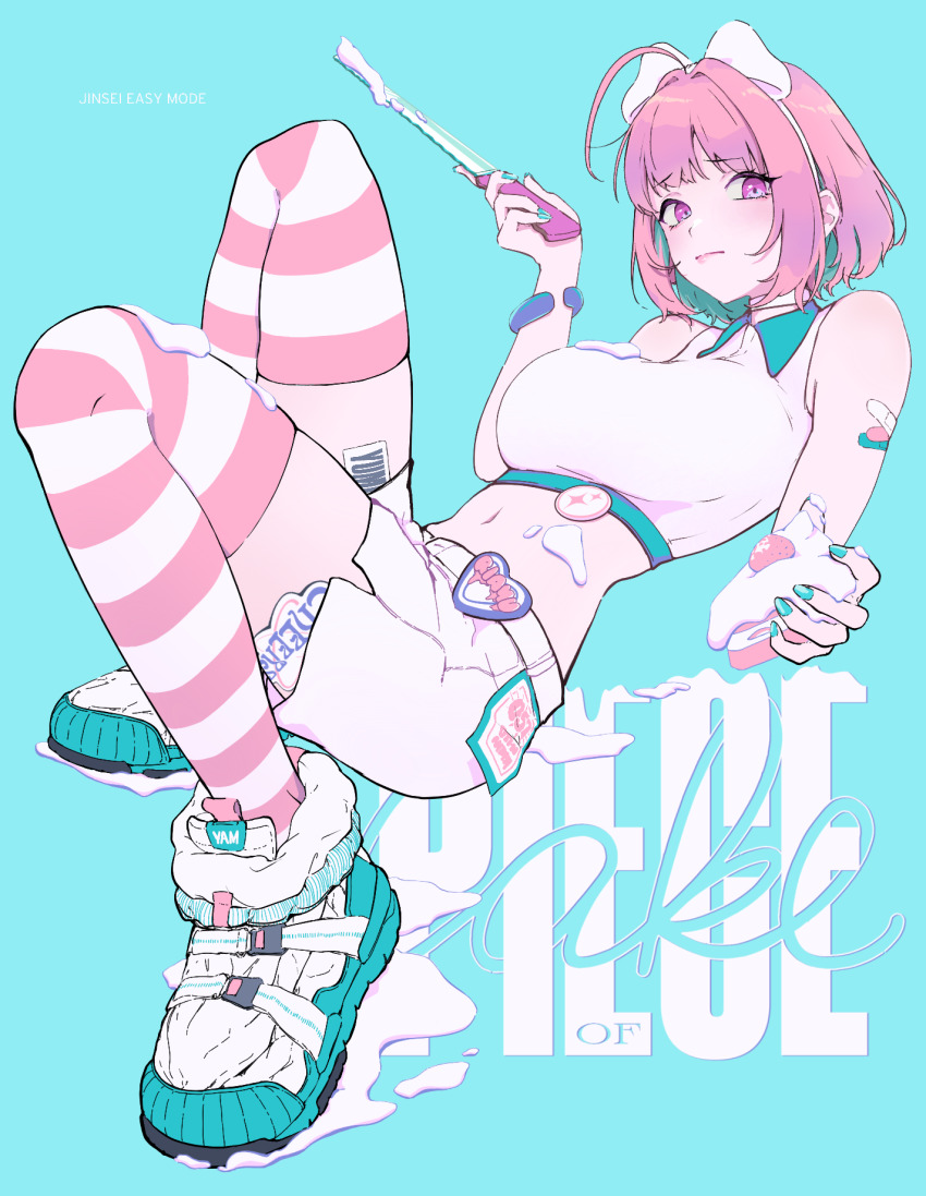 1girl, ahoge, aqua_hair, bandaid, bandaid_on_arm, bare_shoulders, blue_background, bracelet