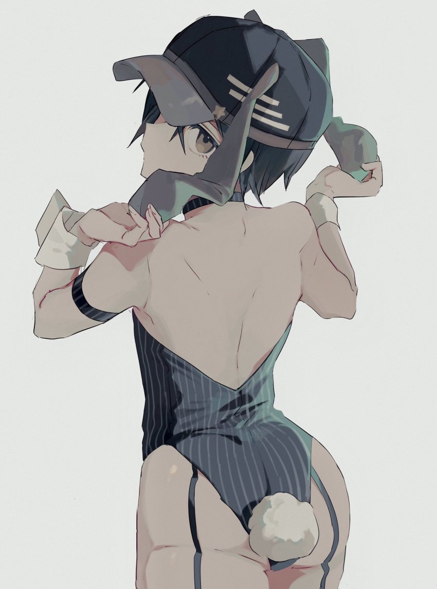 1boy, animal_ears, armband, ass, bare_back, bare_shoulders, baseball_cap, black_hair, black_leotard, cowboy_shot, crossdressing, crossdressing_(mtf), danganronpa_(series), danganronpa_v3:_killing_harmony, fake_animal_ears, fake_tail, from_behind, garter_straps, grey_background, hands_up, hat, highres, leotard, looking_at_viewer, looking_back, male_focus, male_playboy_bunny, nemari_(nemaru_0907), playboy_bunny, rabbit_ears, saihara_shuichi, simple_background, sleeveless, solo, strapless, strapless_leotard, striped_clothes, striped_leotard, tail, trap, vertical-striped_clothes, vertical-striped_leotard, wrist_cuffs