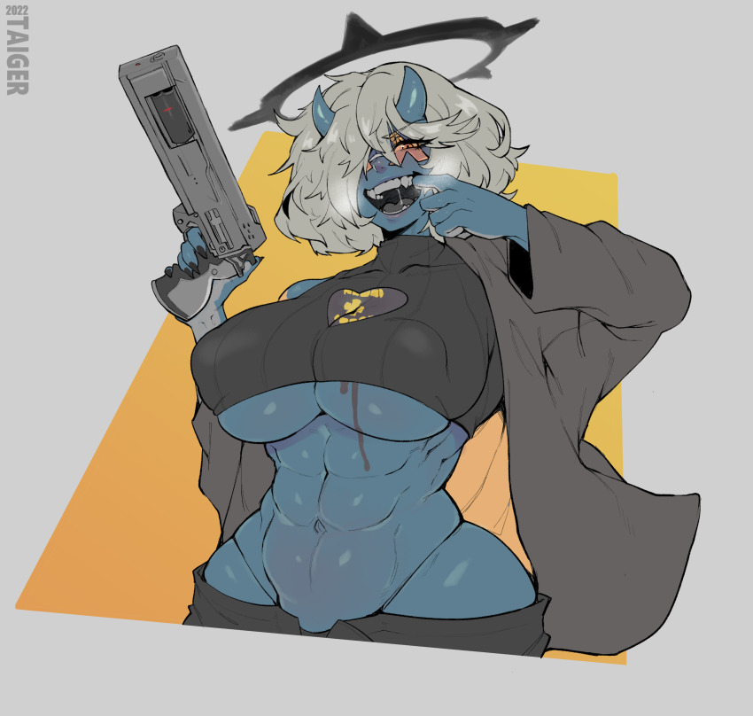 1girl, abs, absurdres, black_nails, blue_skin, breasts, breath, cleavage, colored_skin, covered_erect_nipples, fingernails, genderswap, genderswap_(mtf), guilty_gear, guilty_gear_strive, gun, halo, happy_chaos, highres, holding, holding_gun, holding_weapon, horns, large_breasts, long_sleeves, looking_at_viewer, muscular, muscular_female, nail_polish, navel, saliva, sharp_fingernails, sharp_teeth, short_hair, solo, taiger, teeth, underboob, upper_body, weapon, white_hair
