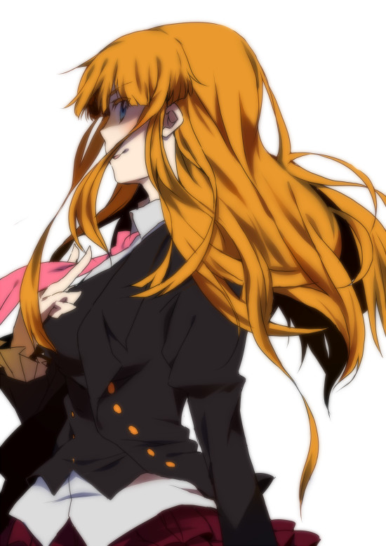 1girl, beatrice_(umineko), blonde_hair, female_focus, formal_clothes, hair_down, hatsuka_nezumi, long_hair, necktie, pink_necktie, solo, suit, umineko_no_naku_koro_ni