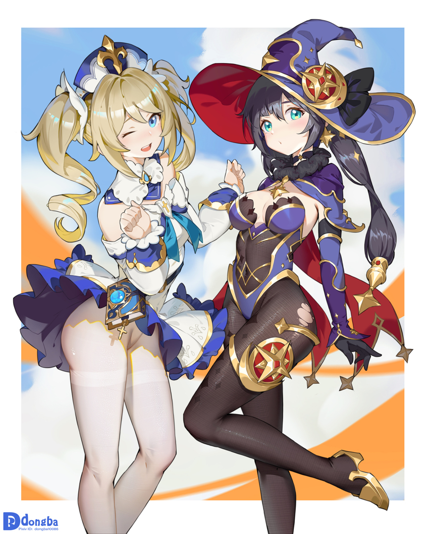 2girls, ;d, barbara_(genshin_impact), bare_shoulders, black_gloves, black_legwear, blonde_hair, blue_eyes, blue_sky, book, breasts, cape, choker, cross, dongba, dress, fu, fur_trim, genshin_impact, gloves, hat, hat_ornament, high_heels, highres, leotard, looking_at_viewer, medium_breasts, mona_(genshin_impact), multiple_girls, one_eye_closed, open_mouth, pantyhose, sky, smile, star_(symbol), star_hat_ornament, torn_clothes, torn_legwear, twintails, upskirt, white_legwear, wind, wind_lift, witch_hat
