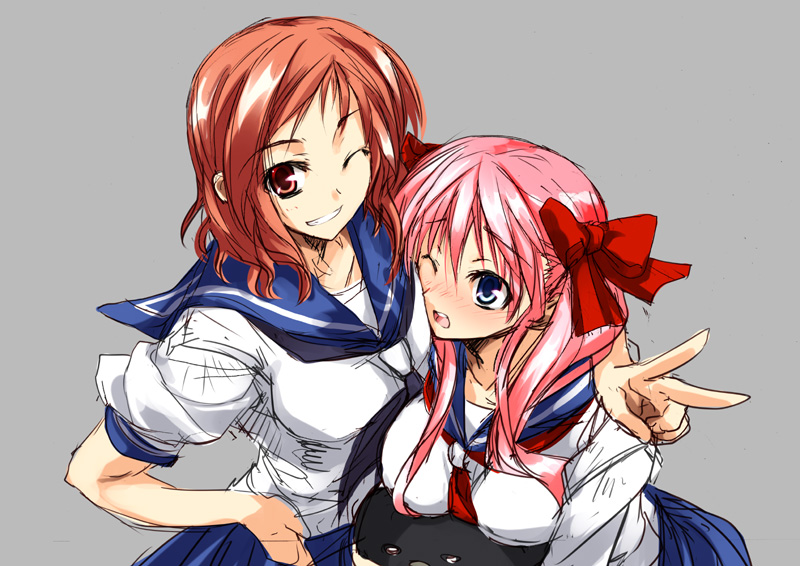 2girls, bird, blue_eyes, blush, bow, breast_press, breast_rest, breasts
