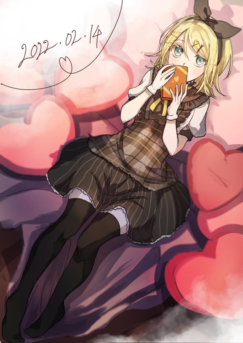 1girl, black_bow, black_thighhighs, blonde_hair, bow, box, box_of_chocolates, collar