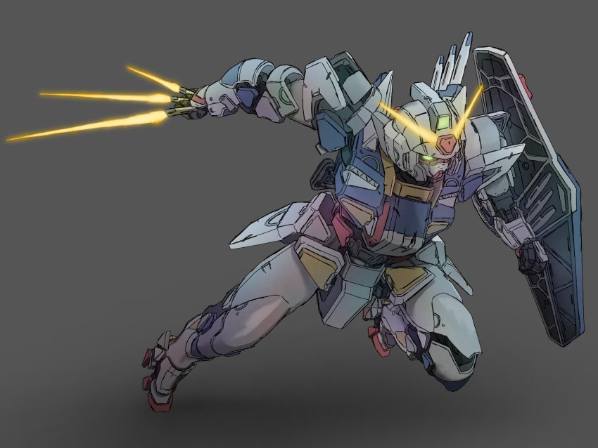 beginning_gundam, between_fingers, energy_sword, glowing, glowing_eye, grey_background, gundam, gunpla_builders_beginning_g