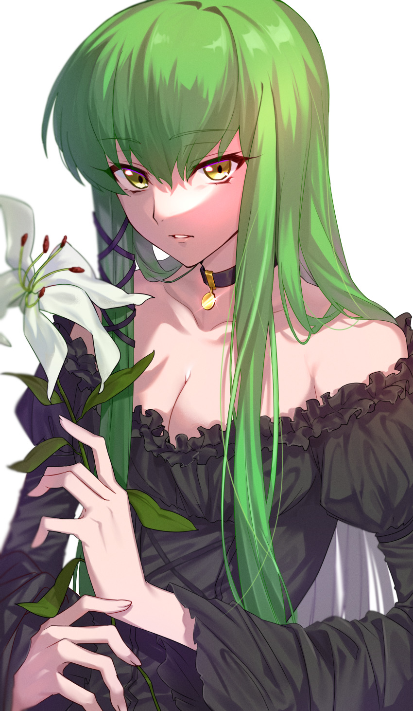 1girl, absurdres, black_collar, black_dress, black_ribbon, breasts, c.c., cleavage, code_geass, collar, collarbone, dress, flower, green_hair, hair_between_eyes, hair_ribbon, highres, holding, holding_flower, lily_(flower), long_hair, long_sleeves, medium_breasts, off-shoulder_dress, off_shoulder, parted_lips, poro_uma, ribbon, simple_background, solo, sparkle, upper_body, white_background, white_flower, yellow_eyes