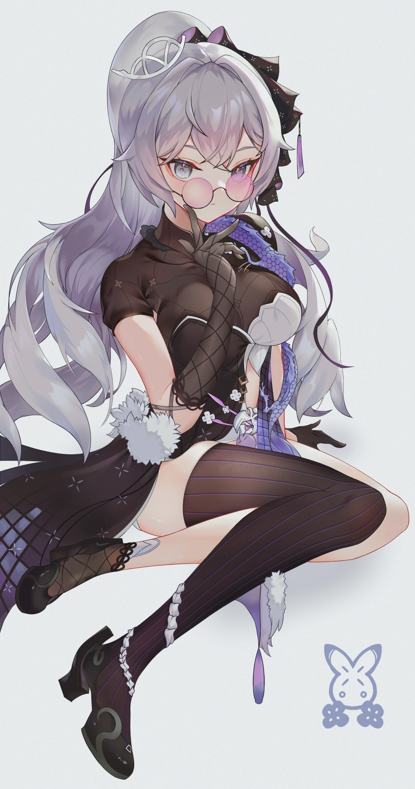 1girl, absurdres, adjusting_eyewear, adjusting_glasses, artist_logo, asymmetrical_legwear, black_dress, black_footwear