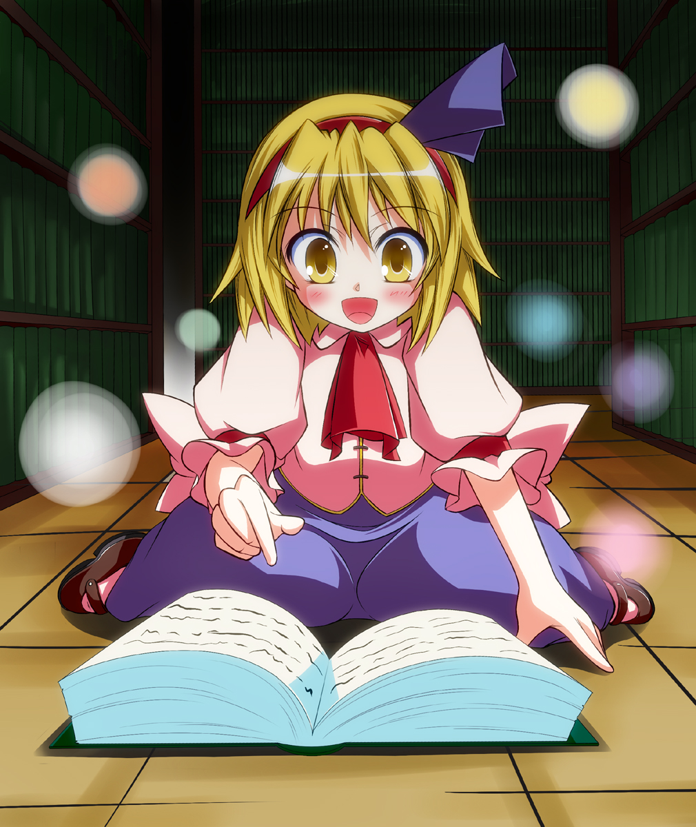 1girl, akagi_yuuto, alice_margatroid, alice_margatroid_(pc-98), blonde_hair, book, female_focus, hairband, highres, library, mystic_square, short_hair, solo, touhou, touhou_(pc-98), yellow_eyes