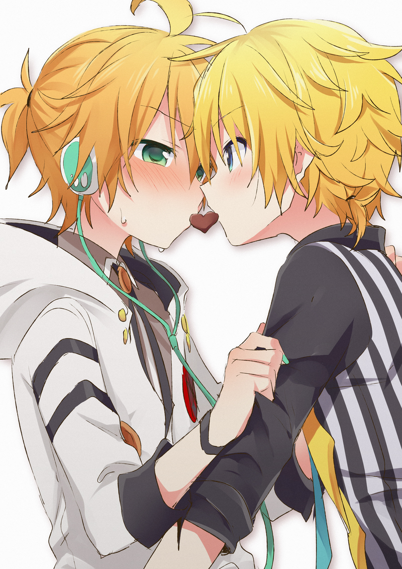 2boys, aqua_eyes, black_shirt, blonde_hair, blush, cable, candy, chocolate