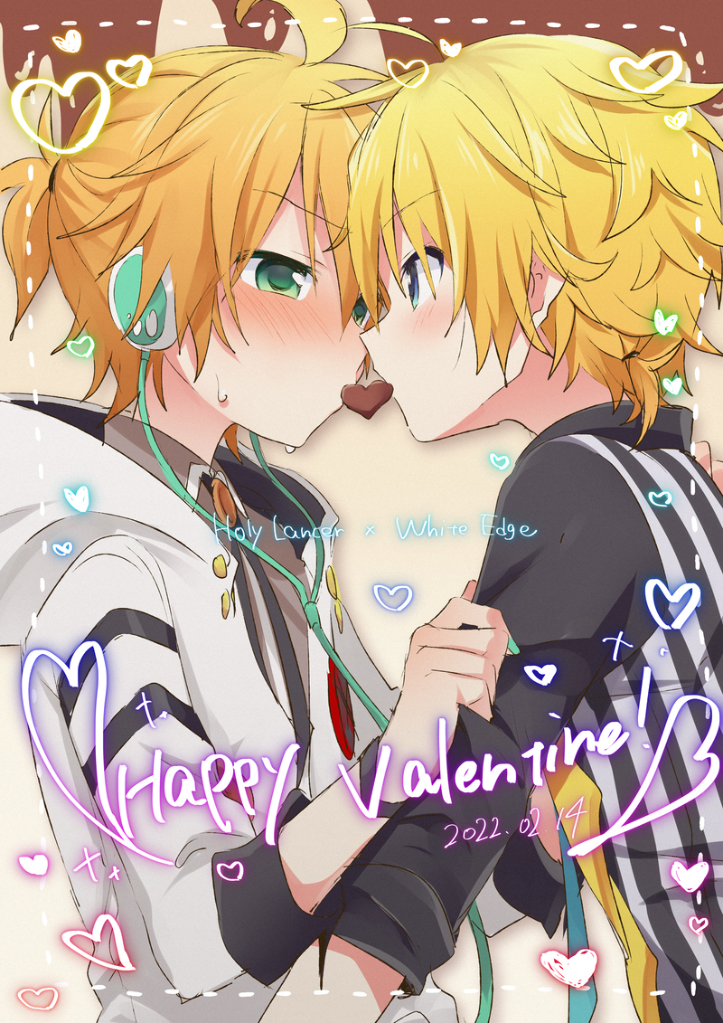 2boys, aqua_eyes, black_shirt, blonde_hair, blush, cable, candy, chocolate