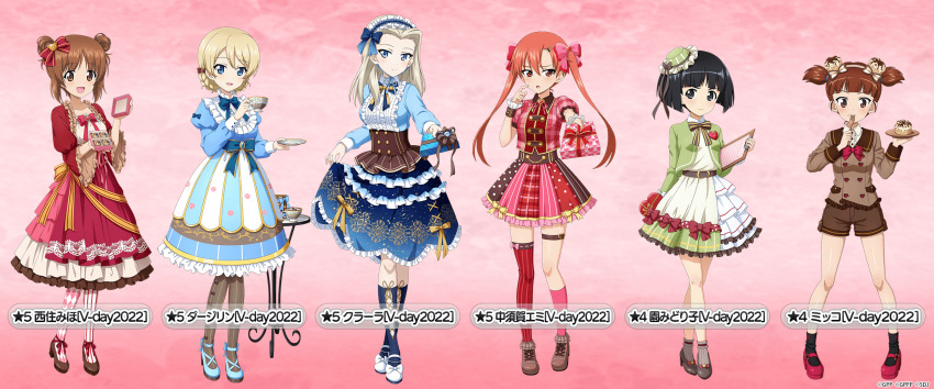 6+girls, accurate_lolita_coord, ankle_ribbon, argyle_clothes, argyle_legwear, arms_behind_back, asymmetrical_legwear, black_eyes