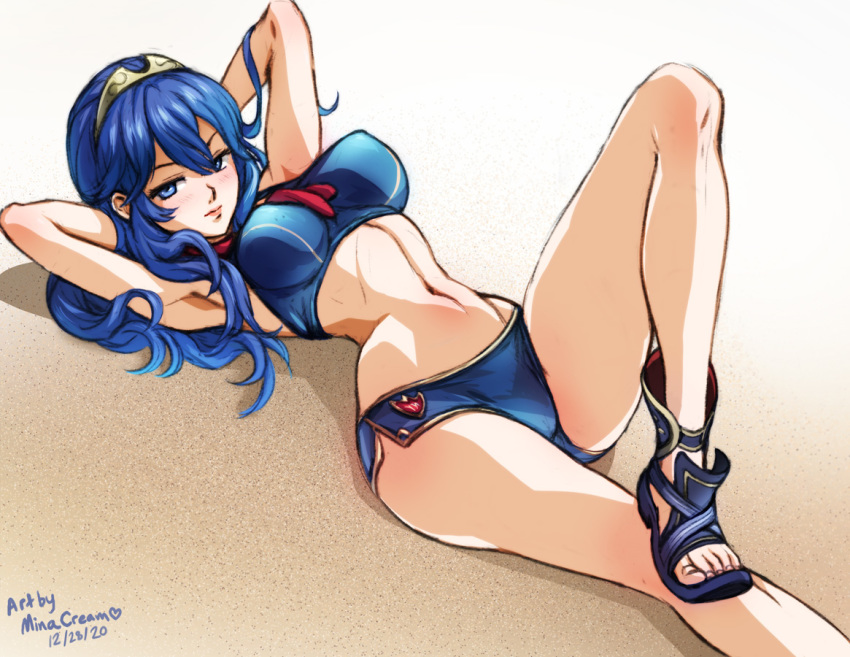 1girl, artist_name, bikini, blue_bikini, blue_eyes, blue_hair, blue_sandals, breasts, closed_mouth, dated, english_text, fire_emblem, hair_between_eyes, long_hair, looking_at_viewer, lucina_(cipher_swimsuit)_(fire_emblem), lucina_(fire_emblem), lying, mina_cream, nintendo, on_back, on_ground, sand, sandals, solo, swimsuit, tiara, toenails, toes
