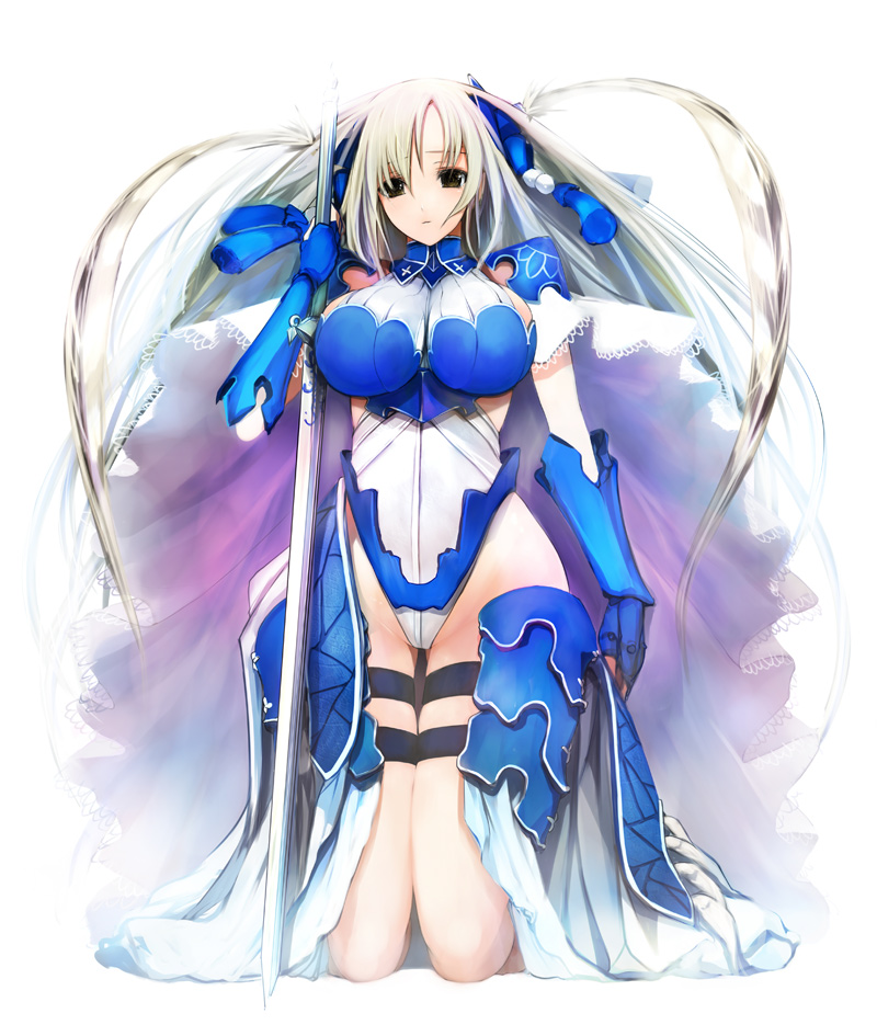 1girl, armor, black_eyes, breasts, brown_eyes, cape, cross, female_focus, fingerless_gloves, gloves, hair_ornament, hip_focus, huge_breasts, impossible_clothes, kneeling, lace, large_breasts, long_hair, pupps, sangokushi_taisen, shuuki_(sangokushi_taisen), skirt, solo, sword, syuuki, thigh_gap, thigh_strap, twintails, very_long_hair, weapon, white_hair, wide_hips