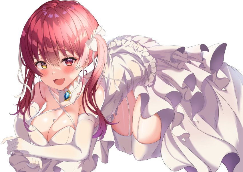 1girl, :d, all_fours, asphalt494, between_breasts, blush, breasts, brooch