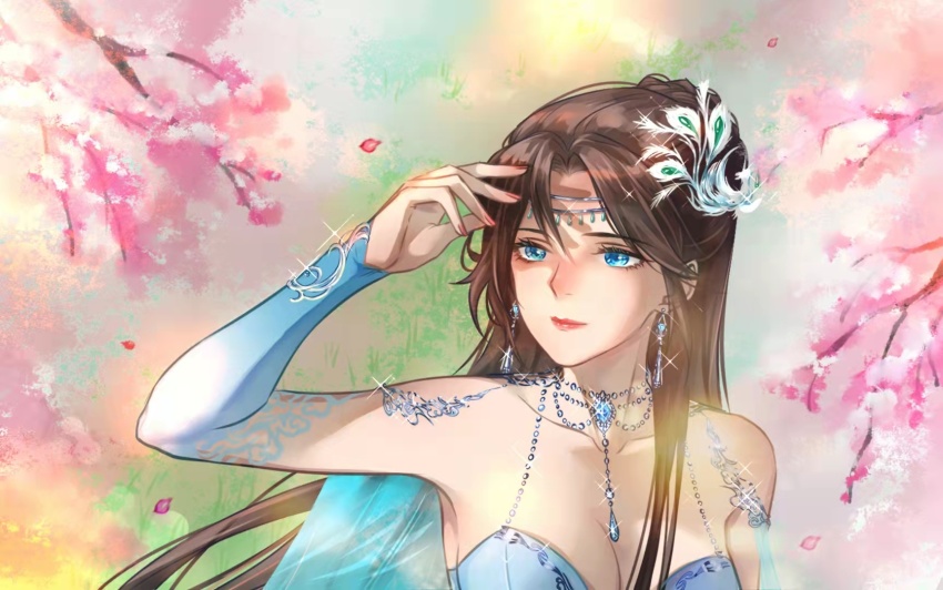 1girl, bare_shoulders, blue_dress, blue_eyes, brown_hair, cherry_blossoms, doupo_cangqiong, dress