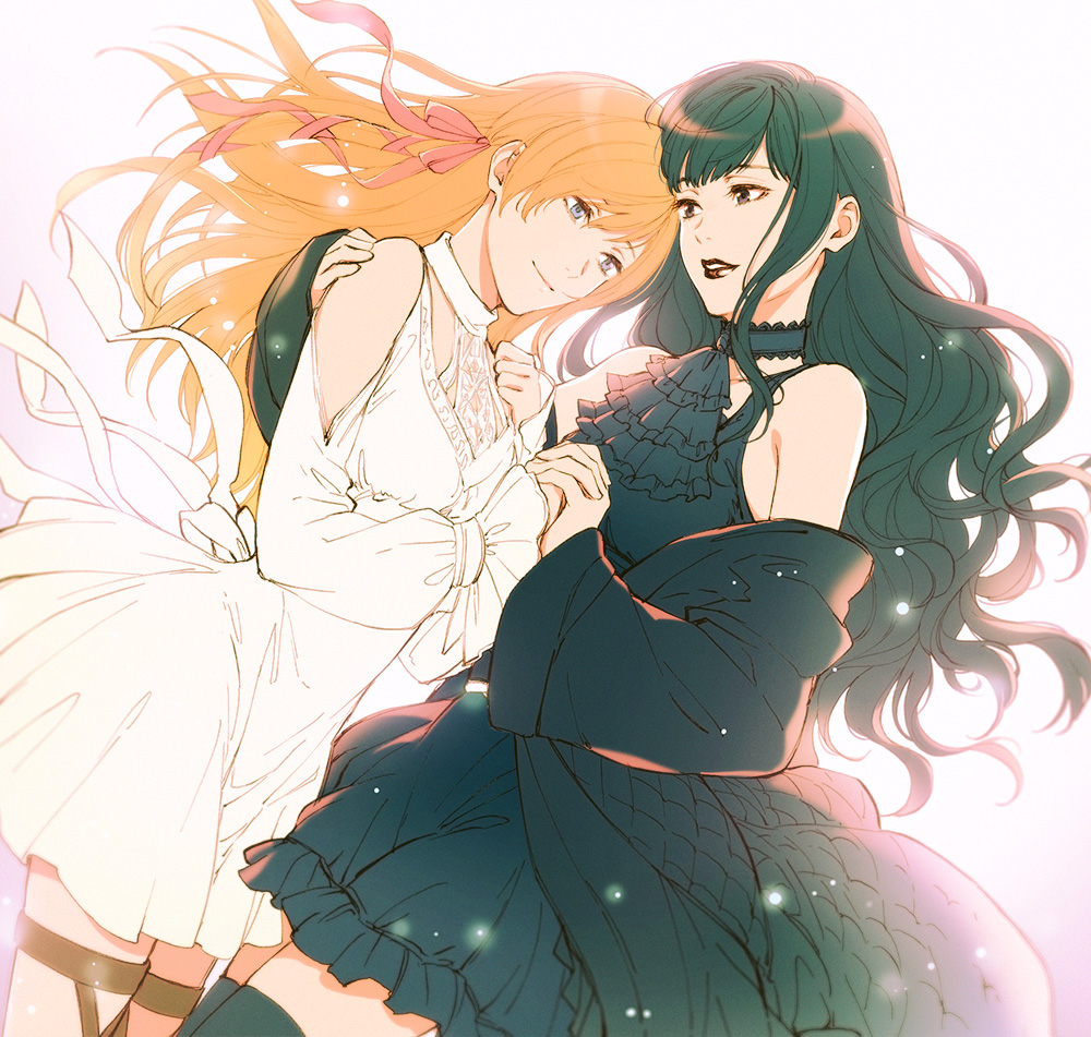 2girls, bare_shoulders, black_choker, black_coat, black_dress, black_eyes, black_hair, black_legwear, blue_eyes, choker, closed_mouth, clothing_cutout, coat, commentary_request, dress, dutch_angle, final_fantasy, final_fantasy_xiv, gaia_(ff14), hair_ribbon, hair_spread_out, hand_on_another's_shoulder, holding_hands, hyur, light_particles, long_hair, long_sleeves, morumoru_(kuromrmr), multiple_girls, off_shoulder, open_clothes, open_coat, orange_hair, parted_lips, pink_ribbon, red_lips, ribbon, ryne_waters, shoulder_cutout, sleeveless, sleeveless_dress, smile, thigh_strap, thighhighs, white_dress, yuri