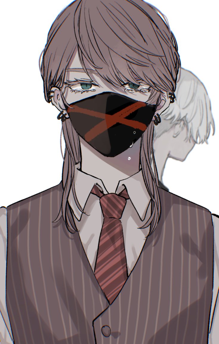 2boys, brown_hair, brown_vest, collared_shirt, earrings, green_eyes, hair_between_eyes, jewelry