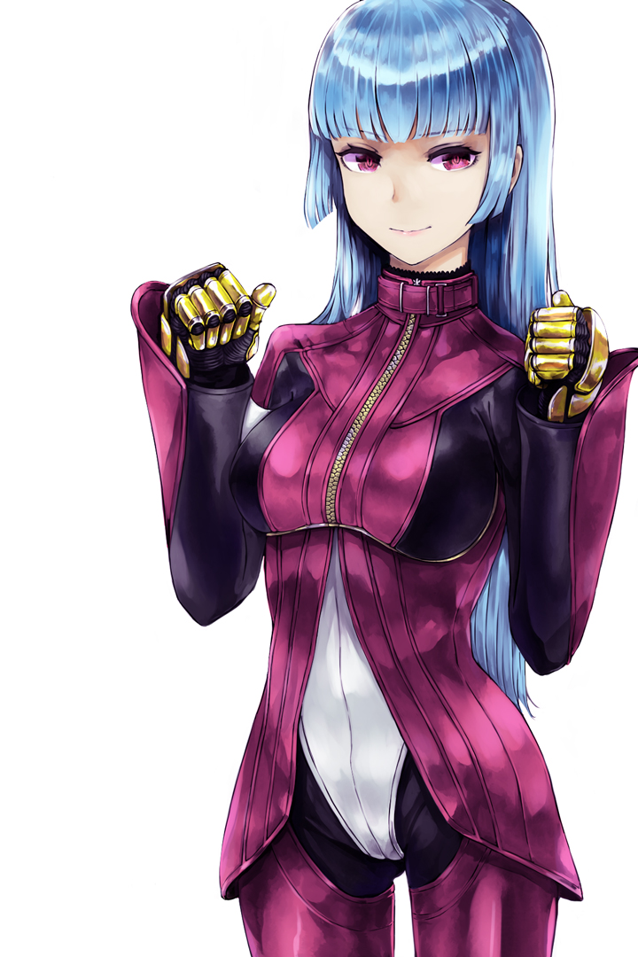 1girl, blue_hair, blunt_bangs, breasts, chaps, clenched_hands, cropped_jacket, gauntlets