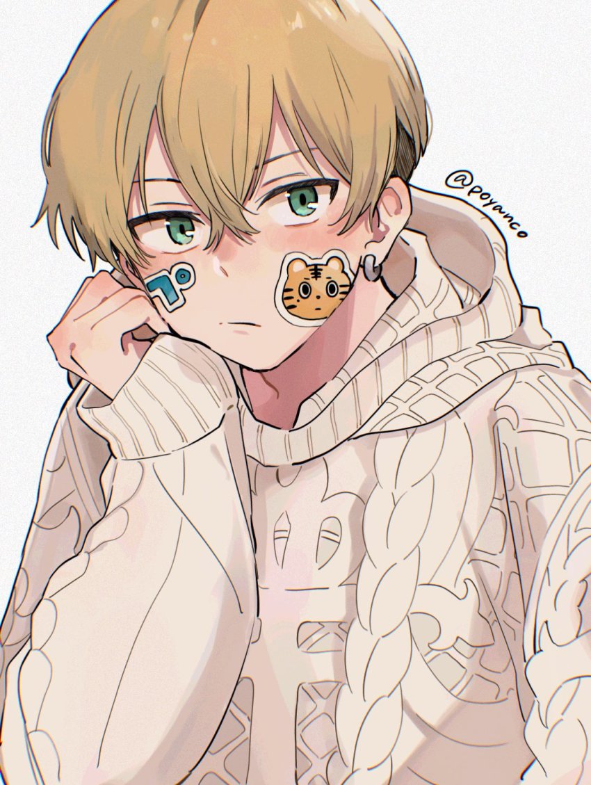 1boy, blonde_hair, brown_sweater, closed_mouth, earrings, green_eyes, hair_between_eyes, head_rest