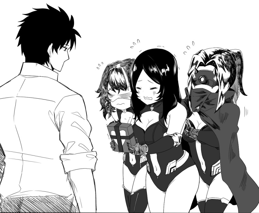 1boy, 3girls, blush, box, commander_(girls'_frontline), gift, gift_box, girls'_frontline