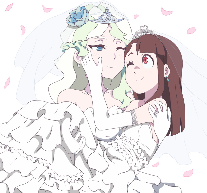 2girls, ajia_(otya3039), alternate_costume, alternate_hairstyle, bad_id, bad_pixiv_id, bare_shoulders, blonde_hair, blue_eyes, blue_flower, braid, bridal_veil, brown_hair, carrying, couple, diana_cavendish, dress, ear_piercing, earrings, elbow_gloves, female_focus, flower, flower_on_head, gloves, hair_flower, hair_ornament, hand_on_another's_cheek, jewelry, kagari_atsuko, little_witch_academia, long_hair, looking_at_another, multicolored_hair, multiple_girls, necklace, official_style, one_eye_closed, petals, piercing, pink_petals, princess_carry, red_eyes, ring, tiara, two-tone_hair, veil, wedding, wedding_dress, white_dress, white_gloves, wife_and_wife, wink, yuri