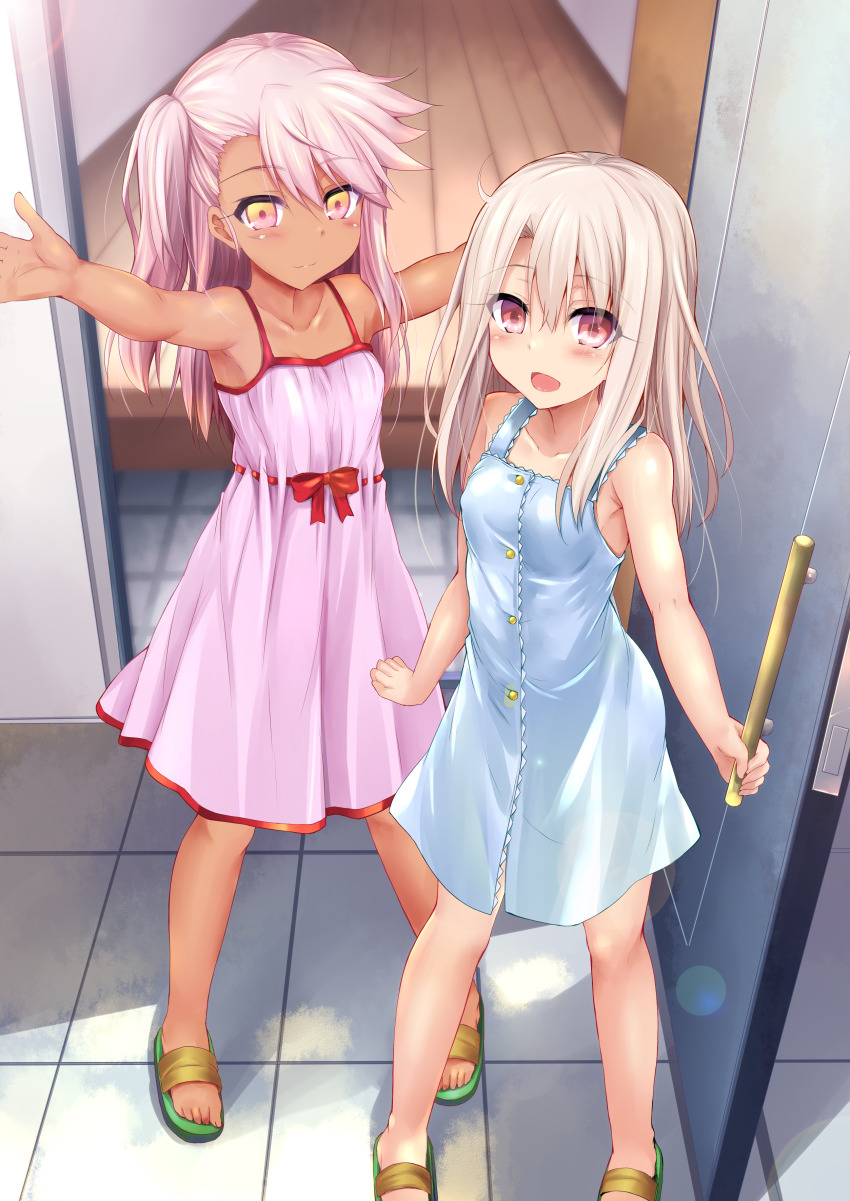 2girls, absurdres, armpits, blush, chloe_von_einzbern, dark-skinned_female, dark_skin, dress, fate/grand_order, fate/kaleid_liner_prisma_illya, fate_(series), female_focus, hajimete_no_orusuban, highres, illyasviel_von_einzbern, multiple_girls, open_mouth, outstretched_arms, pink_hair, sandals, sen_(astronomy), sleeveless, sleeveless_dress