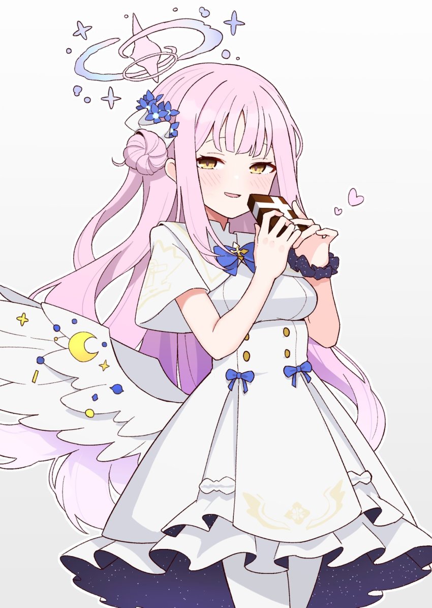 1girl, angel_wings, blue_archive, blue_bow, blue_bowtie, blue_ribbon, blush, bow, bowtie, box, box_of_chocolates, capelet, cowboy_shot, crescent, dress, feathered_wings, flower, frilled_dress, frills, hair_bun, hair_flower, hair_ornament, halo, heart, highres, holding, holding_box, long_hair, looking_at_viewer, mika_(blue_archive), mlc117201, parted_lips, pink_hair, ribbon, simple_background, single_hair_bun, smile, solo, star_(symbol), valentine, very_long_hair, white_background, white_dress, white_legwear, white_wings, wings, yellow_eyes