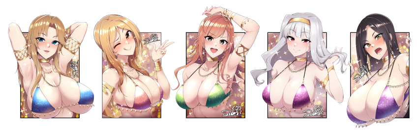 5girls, :d, absurdres, arisugawa_natsuha, arm_up, armlet, armpits, arms_up, bikini, blush, bracelet, breasts, cleavage, collage, collarbone, column_lineup, framed, gold_choker, highres, huge_breasts, idolmaster, idolmaster_(classic), idolmaster_cinderella_girls, idolmaster_million_live!, idolmaster_shiny_colors, jewelry, large_breasts, looking_at_viewer, matsumoto_sarina, momose_rio, mukai_takumi, multiple_girls, open_mouth, out_of_frame, outside_border, shijou_takane, sian, simple_background, smile, sparkle, swimsuit, upper_body