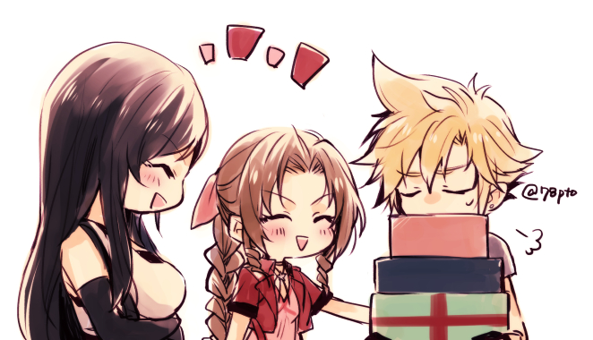 aerith_gainsborough, black_hair, blonde_hair, blush, box, braid, breasts, brown_hair