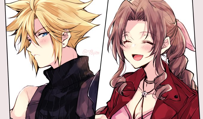 1boy, 1girl, aerith_gainsborough, armor, blonde_hair, blue_eyes, blush, braid