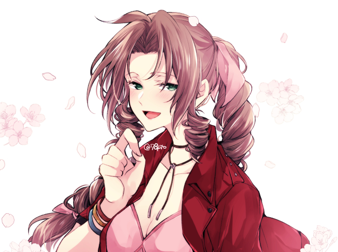 1girl, aerith_gainsborough, bracelet, braid, breasts, brown_hair, choker, cleavage, collarbone, curly_hair, dress, falling_petals, female_focus, final_fantasy, final_fantasy_vii, final_fantasy_vii_remake, floral_background, green_eyes, jacket, jewelry, laughing, naho_(pi988y), necklace, open_mouth, petals, pink_dress, red_jacket, ribbon, ringlets, solo, square_enix