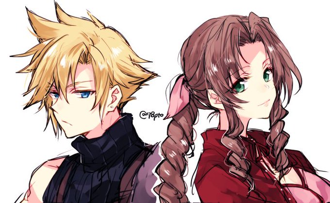 1boy, 1girl, aerith_gainsborough, armor, blonde_hair, blue_eyes, braid, brown_hair, cloud_strife, curly_hair, dress, earrings, final_fantasy, final_fantasy_vii, final_fantasy_vii_remake, green_eyes, jacket, jewelry, naho_(pi988y), pink_dress, red_jacket, ribbon, shoulder_armor, spiked_hair, square_enix, suspenders, turtleneck, white_background