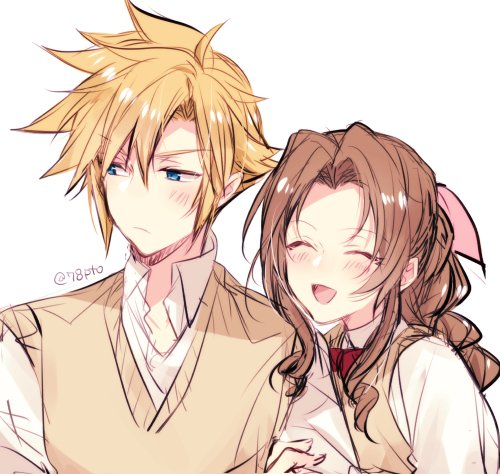 1boy, 1girl, aerith_gainsborough, alternate_costume, blonde_hair, blue_eyes, blush, braid, brown_hair, closed_eyes, cloud_strife, curly_hair, final_fantasy, final_fantasy_vii, final_fantasy_vii_remake, lowres, naho_(pi988y), ribbon, school_uniform, spiked_hair, square_enix, white_background