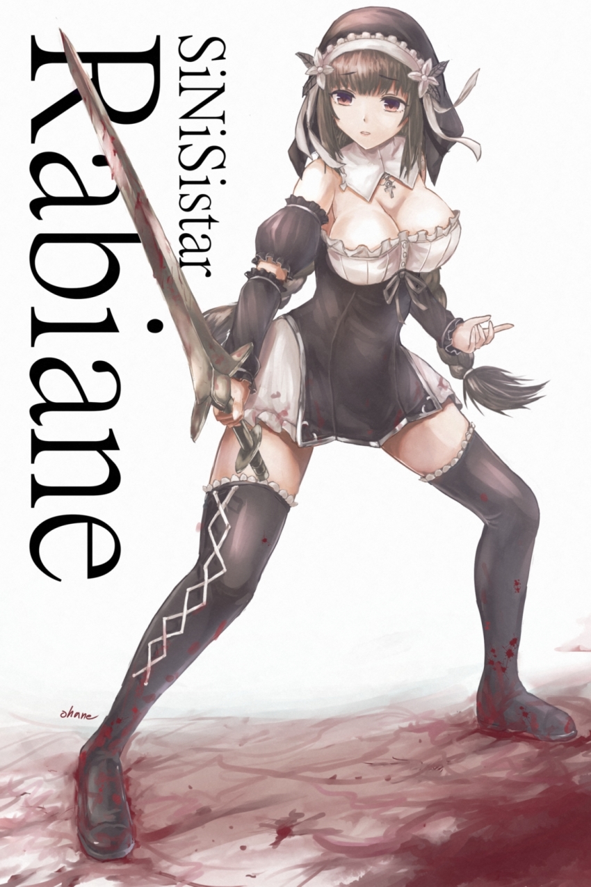 1girl, ankh, black_boots, black_dress, black_hair, black_veil, blood, blood_on_clothes