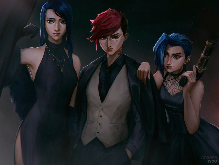 3girls, alternate_costume, arcane:_league_of_legends, arcane_caitlyn, arcane_jinx, arcane_vi, artist_name, asymmetrical_bangs
