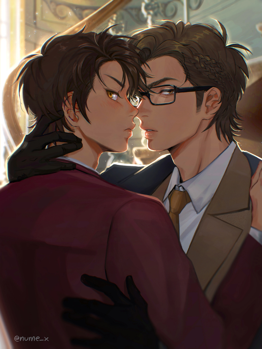 2boys, ace_of_diamond, back, black_gloves, braid, brown_eyes, brown_hair, brown_jacket, closed_mouth, collared_shirt, glasses, gloves, hand_on_another's_back, hand_on_another's_neck, highres, jacket, looking_at_viewer, male_focus, miyuki_kazuya, multiple_boys, necktie, nume_x, parted_lips, red_jacket, sawamura_eijun, shirt, sideburns, twitter_username, upper_body, white_shirt, yaoi